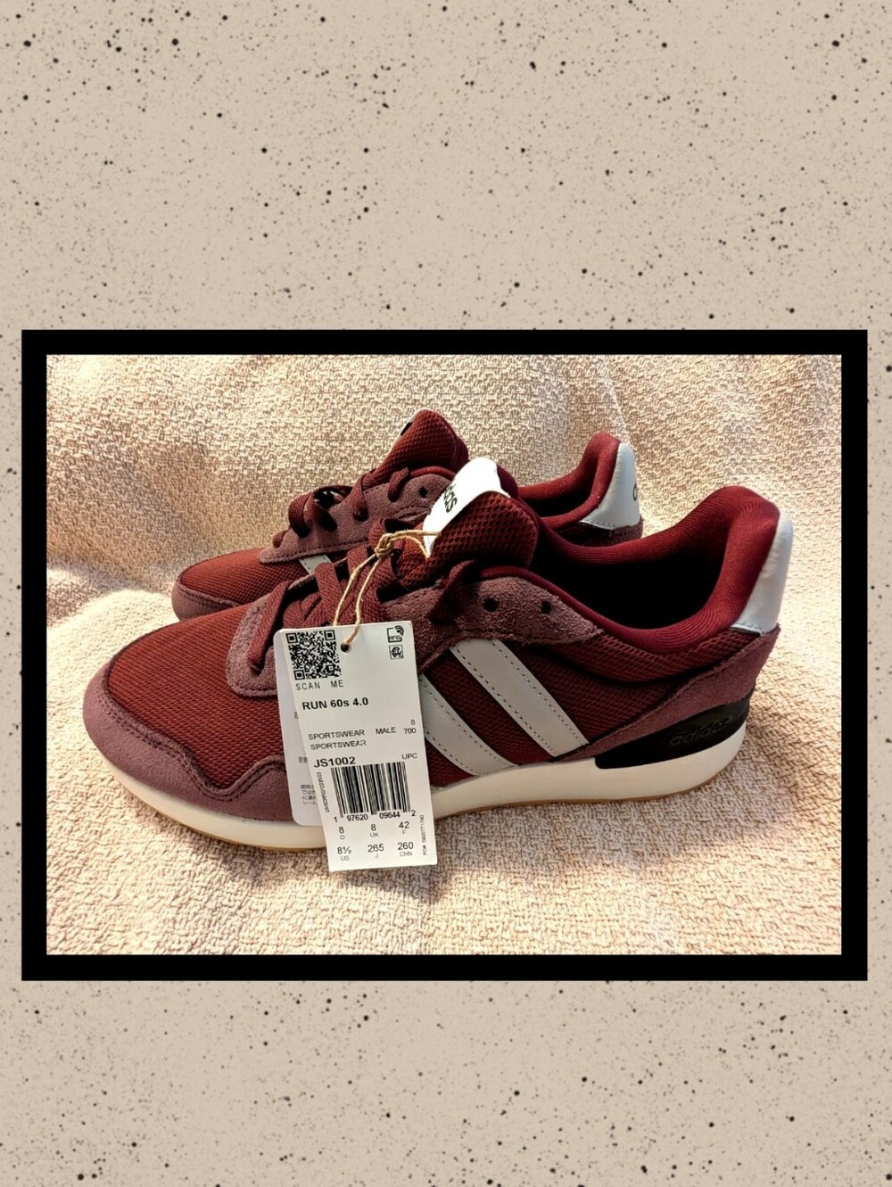 NWT Adidas Men’s Burgundy and White Run 60s 4.0 Sneakers, Size 8.5